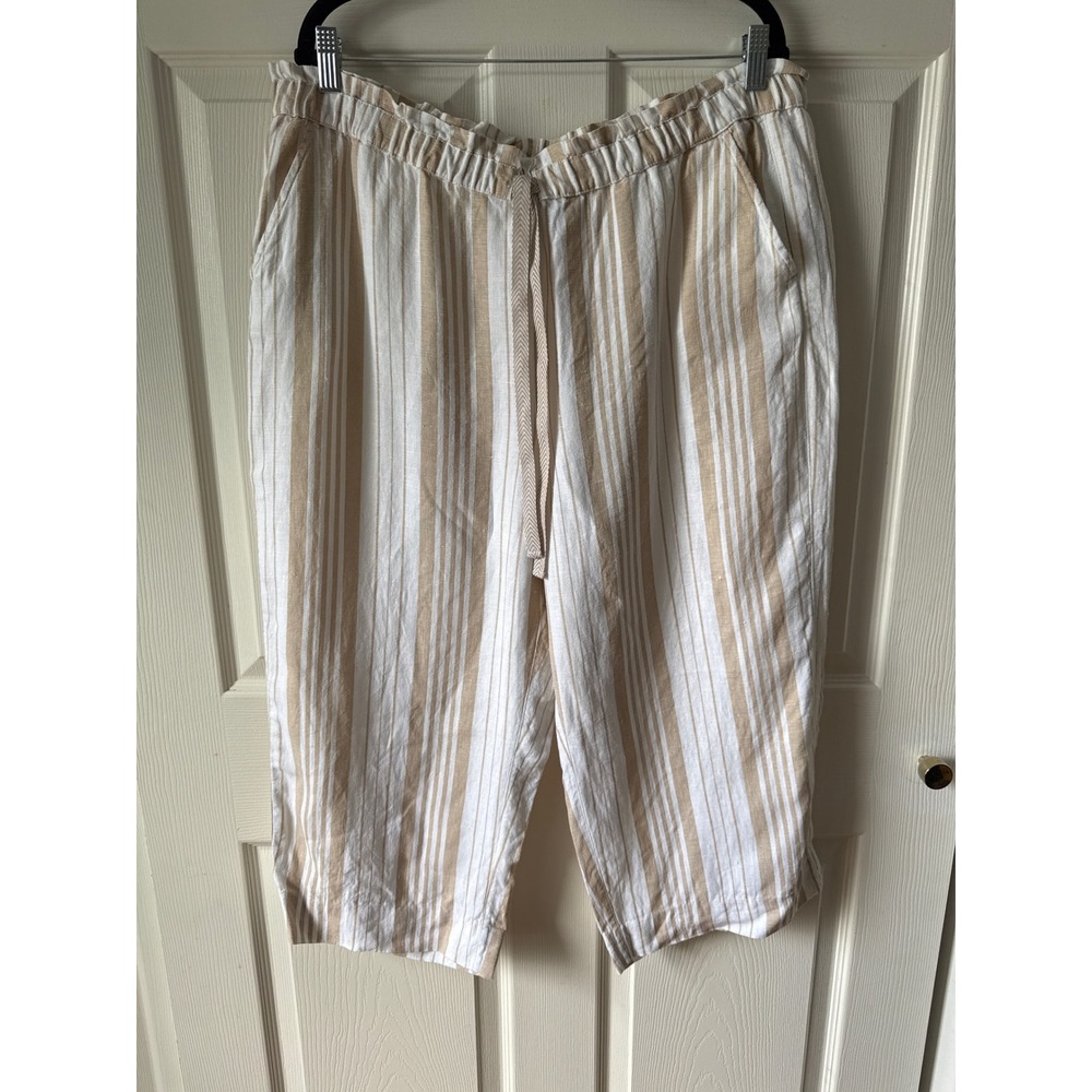 Chico's Crop Pants Womens 16 Tan White Striped Linen Coastal Grandma 3